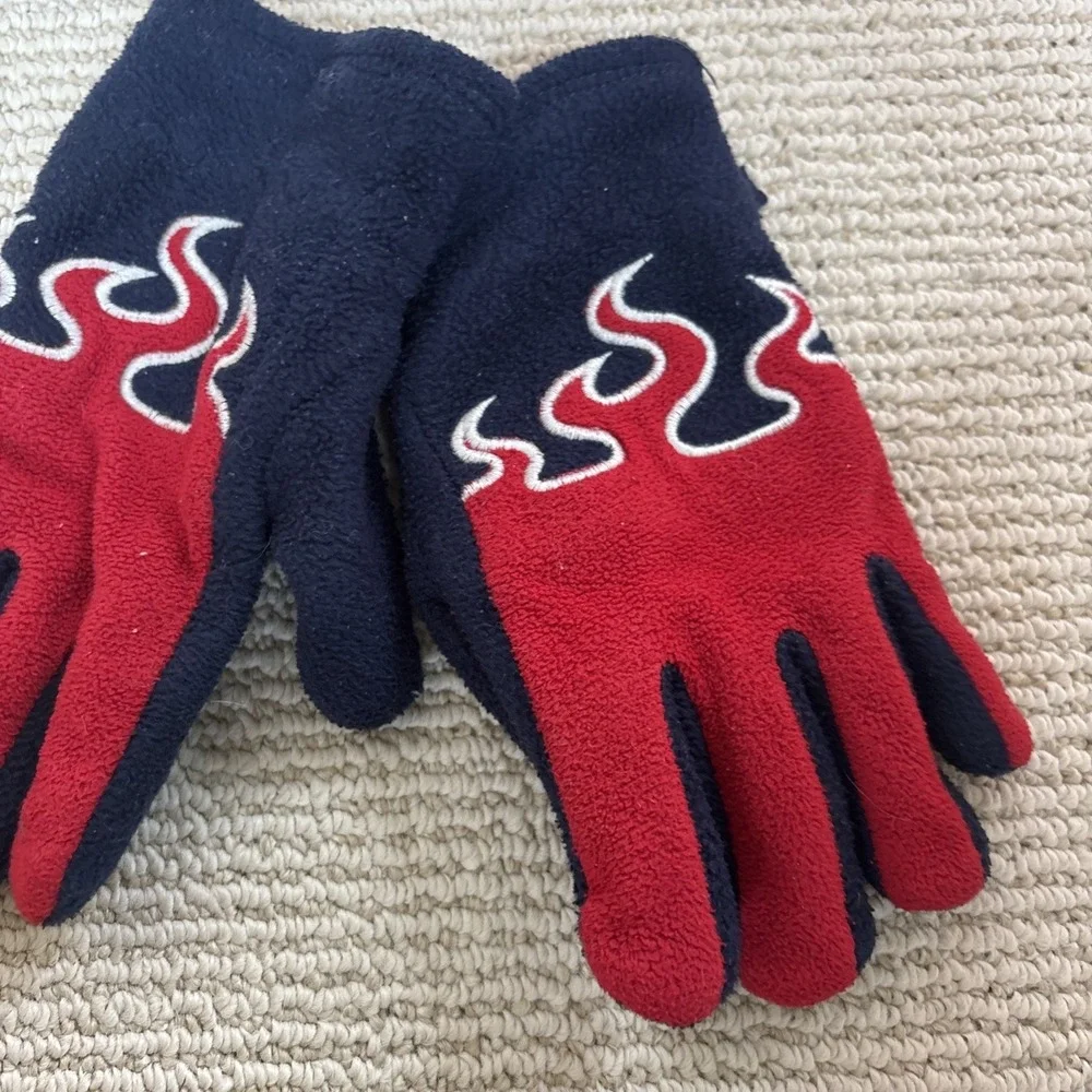 Vintage LL Bean y2k Fleece Gloves Blue & Red Flames Kids Sz Small